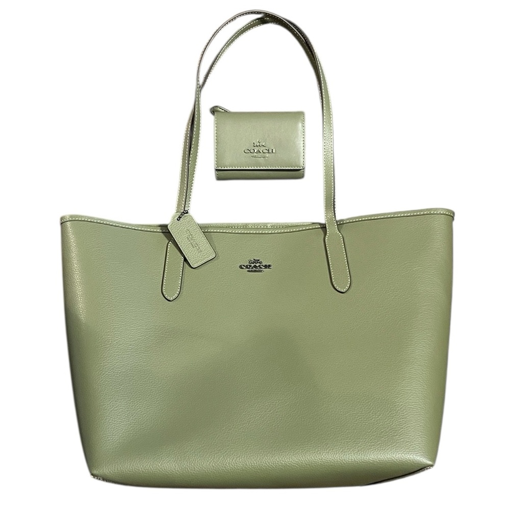Coach Military Green Leather City Tote with gun metal hardware & matching wallet - Picture 1 of 8